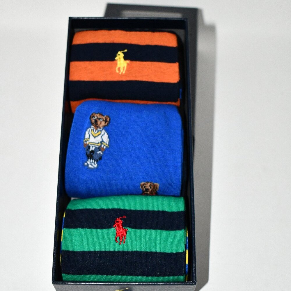 Polo Ralph Lauren Mini Bear & Stripe 3-Pack Socks #899314BX NWT Details: Ribbed